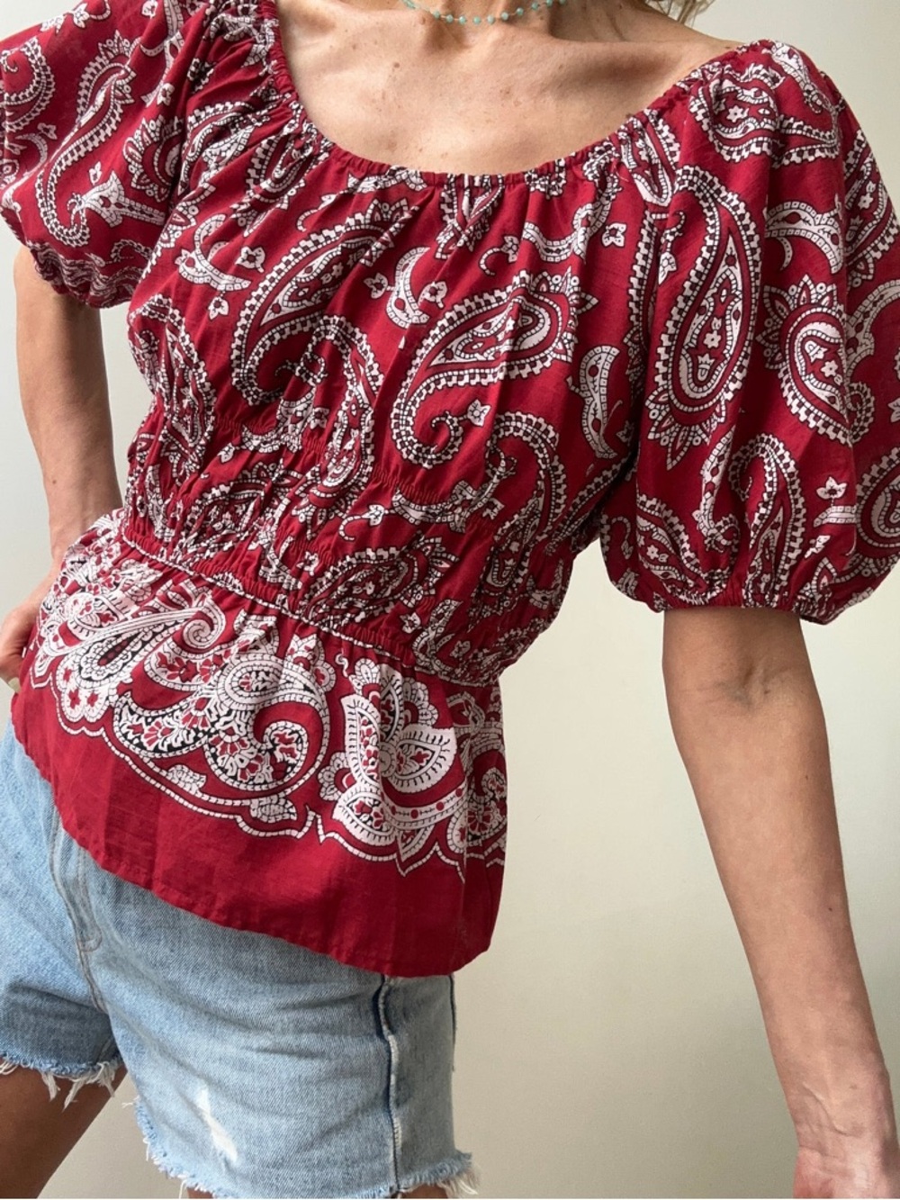 SEA New York Red Paisley Puff Sleeve Peplum Blouse Top Size Small NWOT